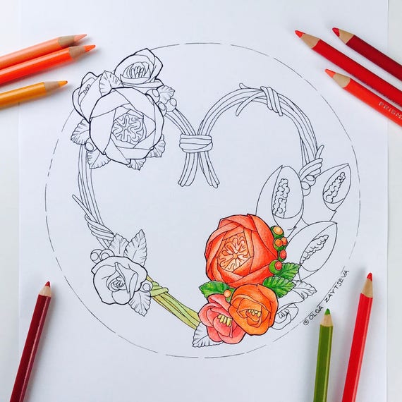 Couronne De Fleurs Coloriage Gâteau En Forme De Coeur Pour Les Adultes à La Main Art De La Ligne Tracée Par Olga Zaytseva Page De Téléchargement