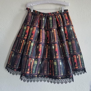 Library Book Print Pleated Full Skirt w/ Lining and Pocket