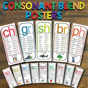 Consonant Blend Posters, afdrukbare Flash-kaarten, Digraphs, Phonics Chart, Alfabetlettergeluiden, Homeschool Phonics, Sight Word List