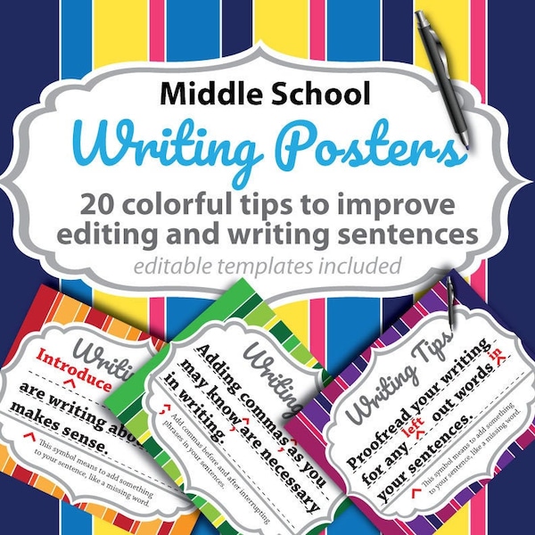 Writing Tips Posters, Beginning Writer Strategies, Elementary Writing, Middle School Writing, Writing Reference Bulletin Board (Editable)