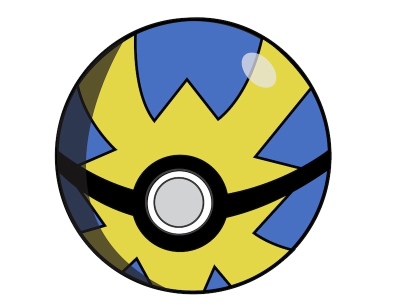 May include: A yellow and blue Poke Ball with a black ring and a white button in the center.
