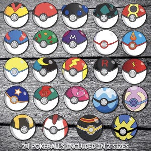 May include: Twenty-four Poke Balls in two sizes, featuring various colors and designs, including red, blue, yellow, green, and black. The Poke Balls are arranged in four rows of six on a wooden surface.