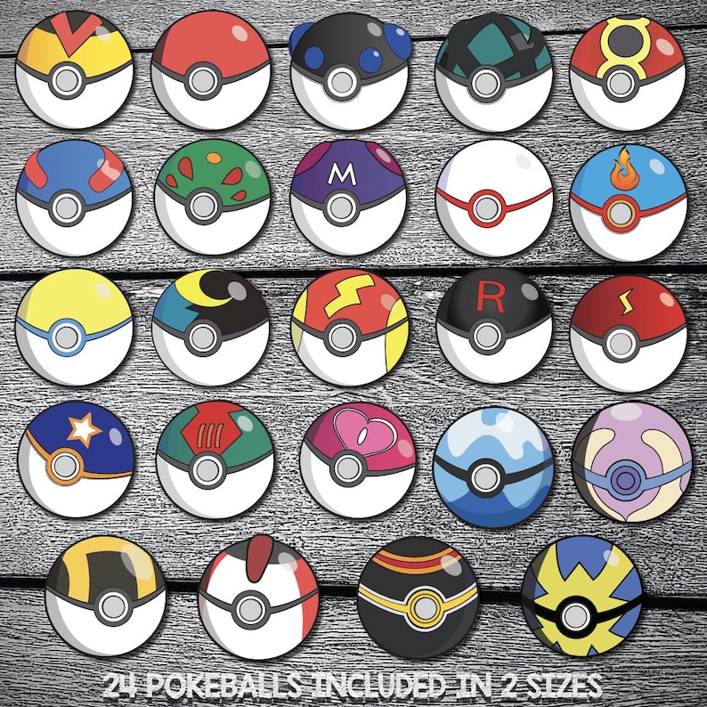 May include: Twenty-four Poke Balls in two sizes, featuring various colors and designs, including red, blue, yellow, green, and black. The Poke Balls are arranged in four rows of six on a wooden surface.