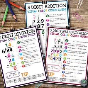May include: A colorful visual guide for teaching 3-digit addition, subtraction, multiplication, and division. The guide uses color-coded steps to illustrate the process of solving each type of math problem. The guide includes examples and tips for each operation.