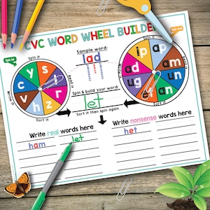 Roues phonétiques CVC, Jeux de lecture pour l'école à la maison, Activité de phonétique, Centres d'apprentissage de la lecture, Imprimable pour la maternelle, Écrire des mots absurdes
