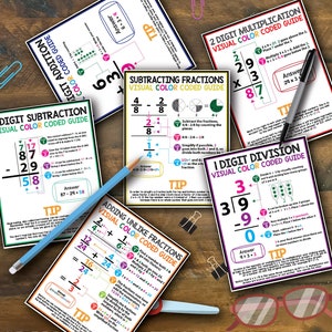 May include: A set of colorful printable educational guides for teaching math concepts like addition, subtraction, multiplication, division, and fractions. Each guide features a visual color-coded system to help students understand the steps involved in solving math problems.
