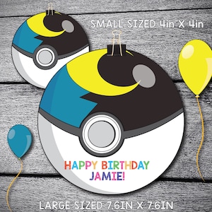 May include: Two printable birthday party decorations featuring a black, white, blue, and yellow Pokeball design. The larger decoration is 7.6 inches by 7.6 inches and says "Happy Birthday Jamie!" The smaller decoration is 4 inches by 4 inches.
