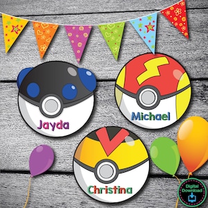 May include: Three colorful Pokeball-themed party favor tags with the names Jayda, Michael, and Christina printed on them. The tags are on a woodgrain background with colorful pennant flags.