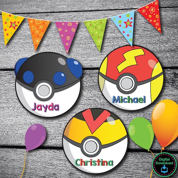 Pokeball Name Tags Pokemon Classroom Bulletin Pokemon Birthday signs and invites Party Theme for Kids Cartoon (editable templates included)