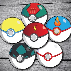 May include: Six colorful Poke Balls with different designs. Each Poke Ball has a white center with a black circle in the middle. The Poke Balls are red, blue, yellow, green, and two with red and white stripes.