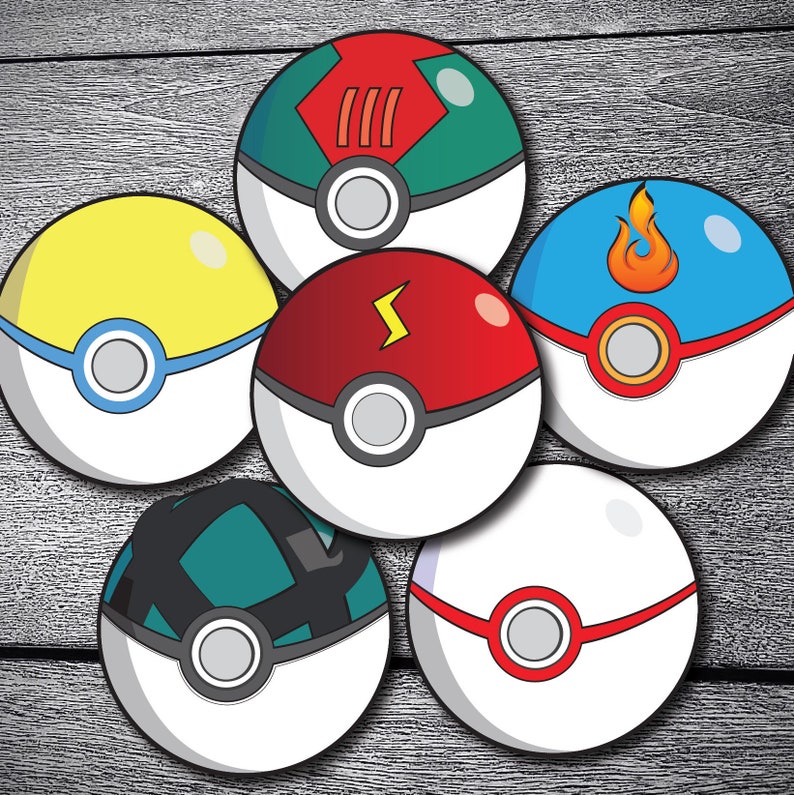 May include: Six colorful Poke Balls with different designs. Each Poke Ball has a white center with a black circle in the middle. The Poke Balls are red, blue, yellow, green, and two with red and white stripes.