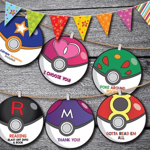 May include: Six colorful Pokeball-themed printable party circles with different sayings. The sayings include "I Choose You!" "Poke Around Books" "Reading Blast Off Into A Book" "Thank You!" "Gotta Read Em All" and "Editable Templates Included".
