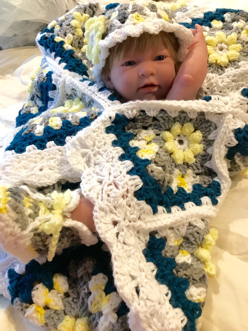 Handcrafted crochet baby Afghan blanket and hat and booties set in yellow gray turqoise