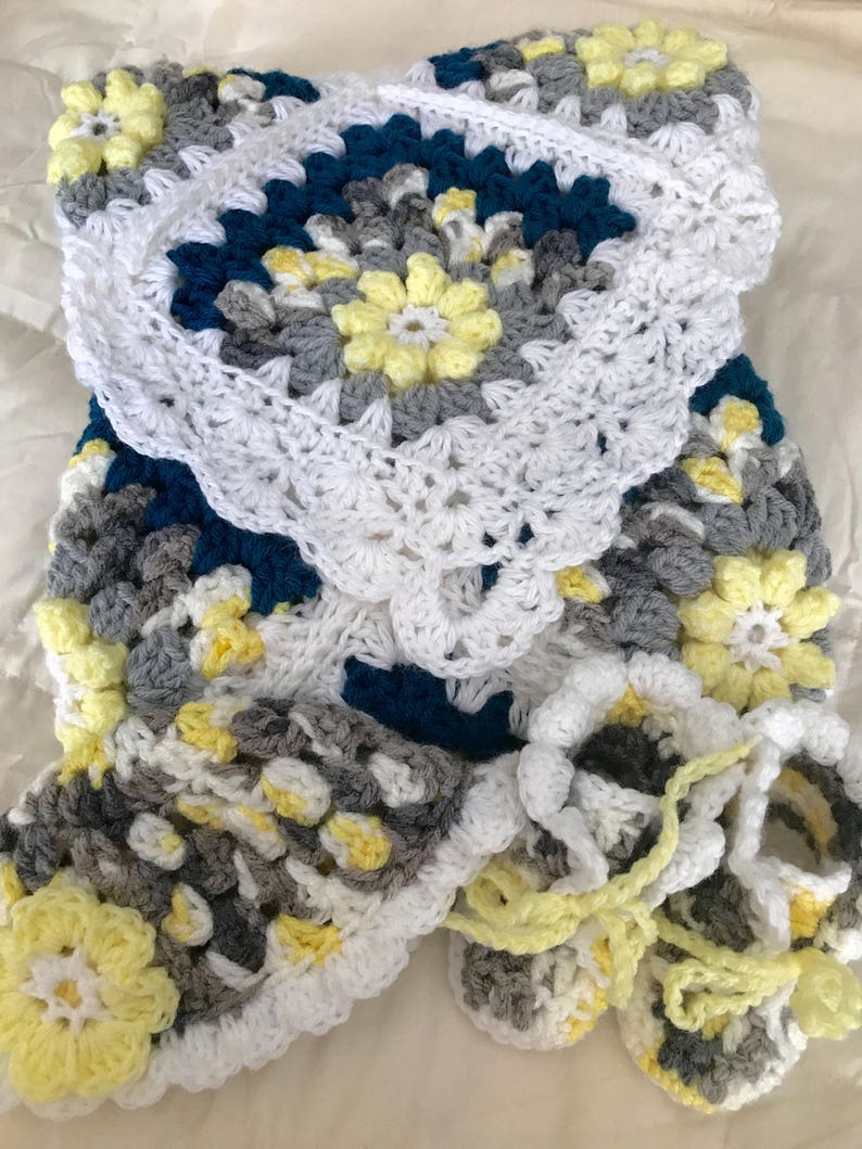 Handcrafted crochet baby Afghan blanket and hat and booties set in yellow gray turqoise