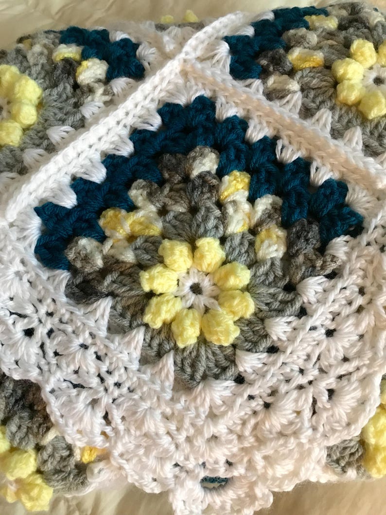 Handcrafted crochet baby Afghan blanket and hat and booties set in yellow gray turqoise