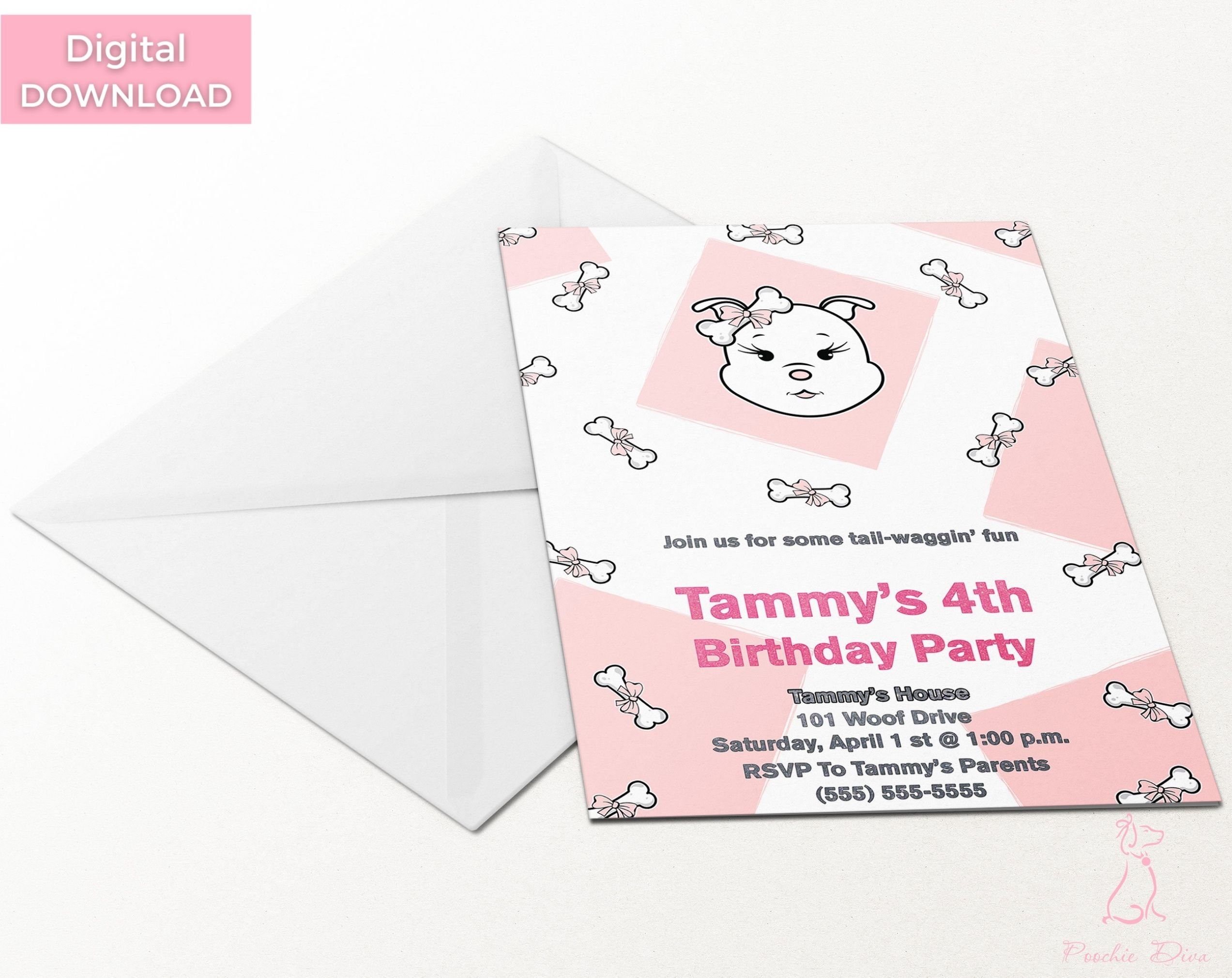 Poochie Diva “Diamond” Birthday Invitation | Kids Party Invite | Dog  Stationery | Dog Birthday Invite | Digital Download Invite | Dog Lover, image size:2545x2020