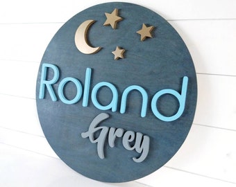 Moon and Stars Theme Wooden Name Sign |12" 18" 24" 30" | Nursery Name Sign | Moon Nursery | Stars Nursery decor | Round Wood Name Sign