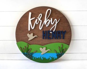 Duck Lake Nursery Name Sign | 12" 18" 24" 30" Wooden Round Personalized Gift | Lake Hunting Round Wall Decor | Girl Boy Baby Shower Gift