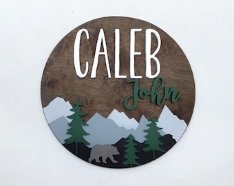 Woodland Bear Nursery Name Sign | 12" 18" 24" 30" Wooden Round Personalized Gift | Mountain Round Wall Decor | Girl Boy Baby Shower Gift