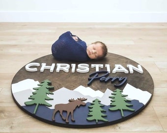 Woodland Moose Nursery Name Sign | 12" 18" 24" 30" Wooden Round Personalized Gift | Mountain Round Wall Decor | Girl Boy Baby Shower Gift