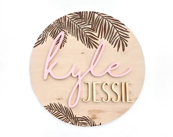 Palm leaves Wooden Name Sign | Tropical leaves | Baby Name Sign | Nursery name sign | Name Sign | Round Wood Sign | Baby Shower Gift