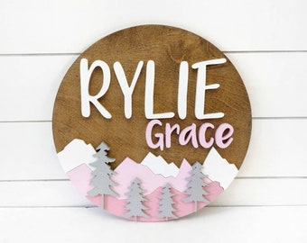 Woodland Nursery Name Sign | 12" 18" 24" 30" Wooden Round Personalized Gift | Mountain Round Wall Decor | Girl Boy Baby Shower Gift