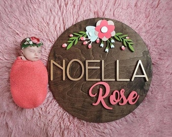 24" Round Whimsical Floral Name Wood Sign | Wood cut out | Name cut out | Nursery name sign | Nursery decor| Wood baby name | Custom