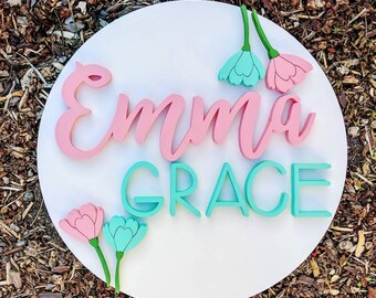 18" Round Floral Name Wood Sign | Wood cut out | Name cut out | Nursery name sign | Nursery decor| Wood baby name | Wall hanging | Custom