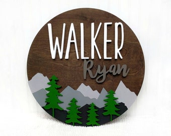 Woodland Nursery Name Sign | 12" 18" 24" 30" Wooden Round Personalized Gift | Mountain Round Wall Decor | Girl Boy Baby Shower Gift