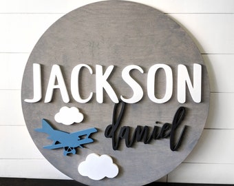 Airplane Theme Wooden Name Sign |12" 18" 24" 30" | Nursery Name Sign | Airplane Nursery | Aviation Nursery decor | Round Wood Name Sign