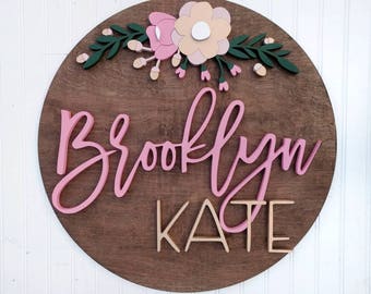 30" Round Whimsical Floral Name Wood Sign | Wood cut out | Name cut out | Nursery name sign | Nursery decor| Wood baby name | Custom