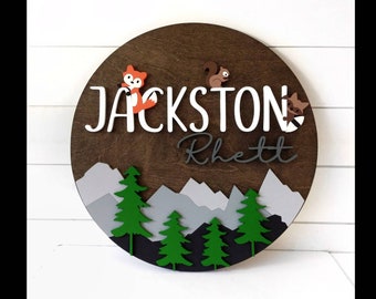 Woodland Peeking Animals Nursery Name Sign | 18" 24" 30" Wooden Round Personalized | Mountain Round Wall Decor |Girl Boy Baby Shower Gift