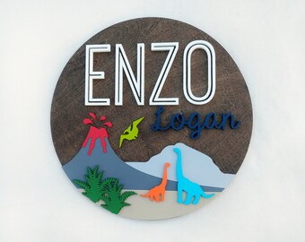 Dinosaur Nursery Name Sign | 12" 18" 24" 30" Wooden Round Personalized Gift | Custom Round Wall Decor | Girl Boy Baby Shower Gift