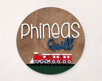 Train Nursery Name Sign | 18" 24" 30" Wooden Round Personalized Gift | Train Round Wall Decor | Girl Boy Baby Shower Gift