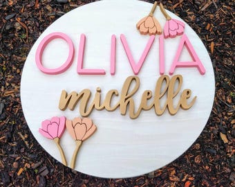 30" Round Floral Name Wood Sign | Wood cut out | Name cut out | Nursery name sign | Nursery decor| Wood baby name | Wall hanging | Custom