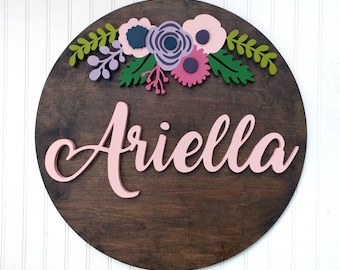 30" Round Floral Crown Name Wood Sign | Wood cut out | Name cut out | Nursery name sign | Nursery decor| Wood baby name | Custom