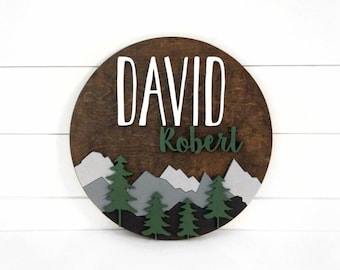 Woodland Nursery Name Sign | 12" 18" 24" 30" Wooden Round Personalized Gift | Mountain Round Wall Decor | Girl Boy Baby Shower Gift