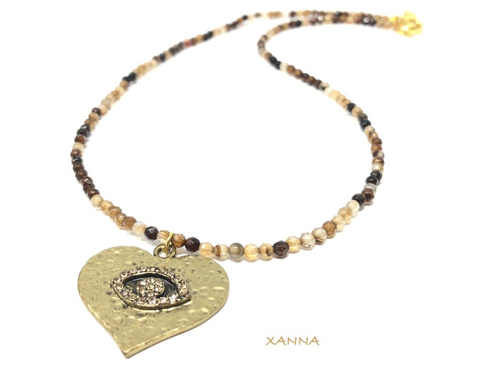 IVETTE 09 choker necklace /semiprecious stones/agate/golden heart eye/Boho chic elegant