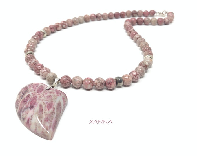 COR FOSSIL necklace/semi-precious stones/coral agate and sterling silver/fossil coral agate heart pendant/boho chic casual elegant