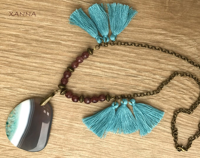 Chic & LOVE Short necklace (III) semi-precious/piedras/faceted purple agate/grey agate pendant, white, turquoise/Boho Elegant casual chic