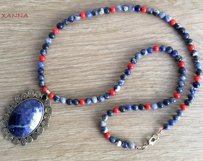 BRITISH II necklace /semi-precious stones/sodalite and coral/sodalite pendant/Boho chic casual elegant