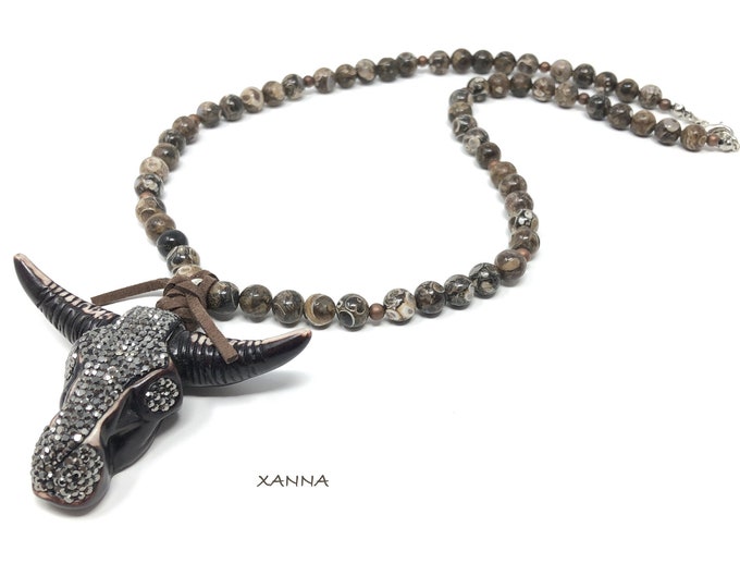 TEXAS Necklace /Semiprecious Stones/Agate Turritela/Ox Pendant with Pavé /Boho Chic Elegant Casual