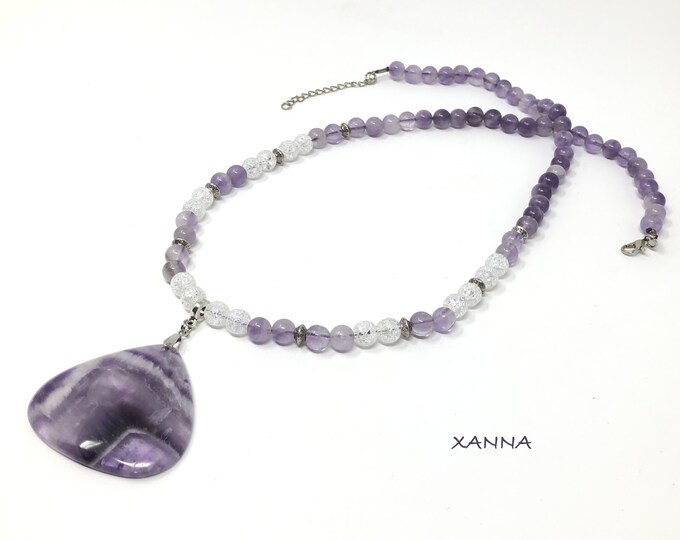 LILIAN necklace /semi-precious stones/amethyst and ice quartz/banded amethyst pendant/Boho chic casual elegant