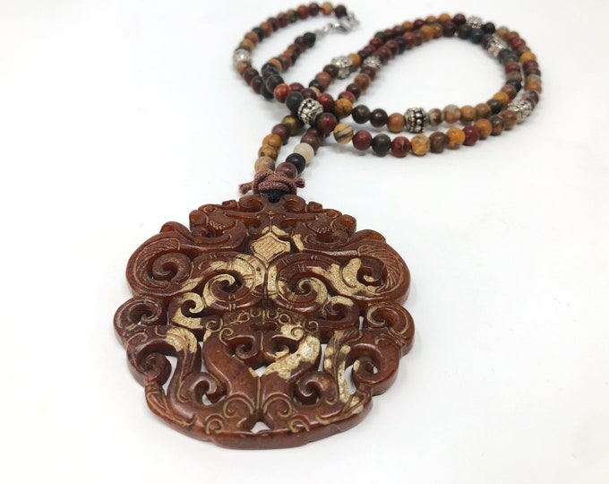 MAYLIN IV necklace / semi-precious stones / mokaite jasper / brown oriental medallion / boho chic, elegant and informal