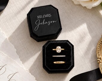 Personalized Engraved Triple Slot Beveled Velvet Ring Box – Wedding & Engagement Ring Holder – Modern Square Design