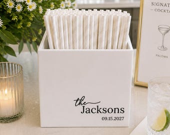 Personalized Wedding Cocktail Hour Box | Custom Acrylic Napkin Holder | Drink Stirrer Holder | Wedding Bar Decor | Favor Display Box