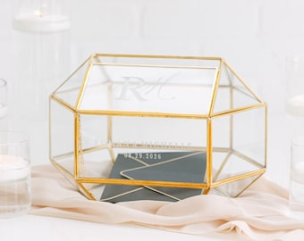 Geometric Glass Wedding Card Box with Slot | Glass Card Box | Gold Framed Glass Holder | Wedding Card Box with Hinged Lid | Modern Card Box