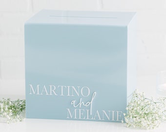 Dusty Blue Acryl Card Box Mit Schloss + Schlüssel | Personalisierte Rahmer Text Kartenbox | 3D Pop-Out-Text | Aufkleber für Hochzeitskarten | Kundenspezifische Kartenbox