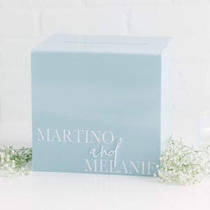 Dusty Blue Acrylic Card Box With Lock + Key | Personalized Raised Text Card Box | 3D Pop Out Text | Wedding Card Box Decal | Custom Card Box