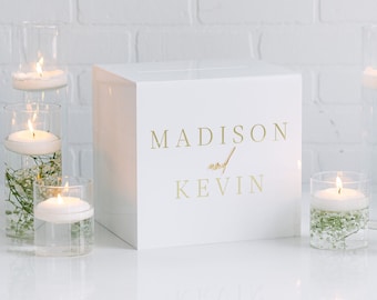 Caja para tarjetas de boda con cerradura / Caja acrílica personalizada / Soporte para tarjetas personalizado / Texto personalizado en 3D